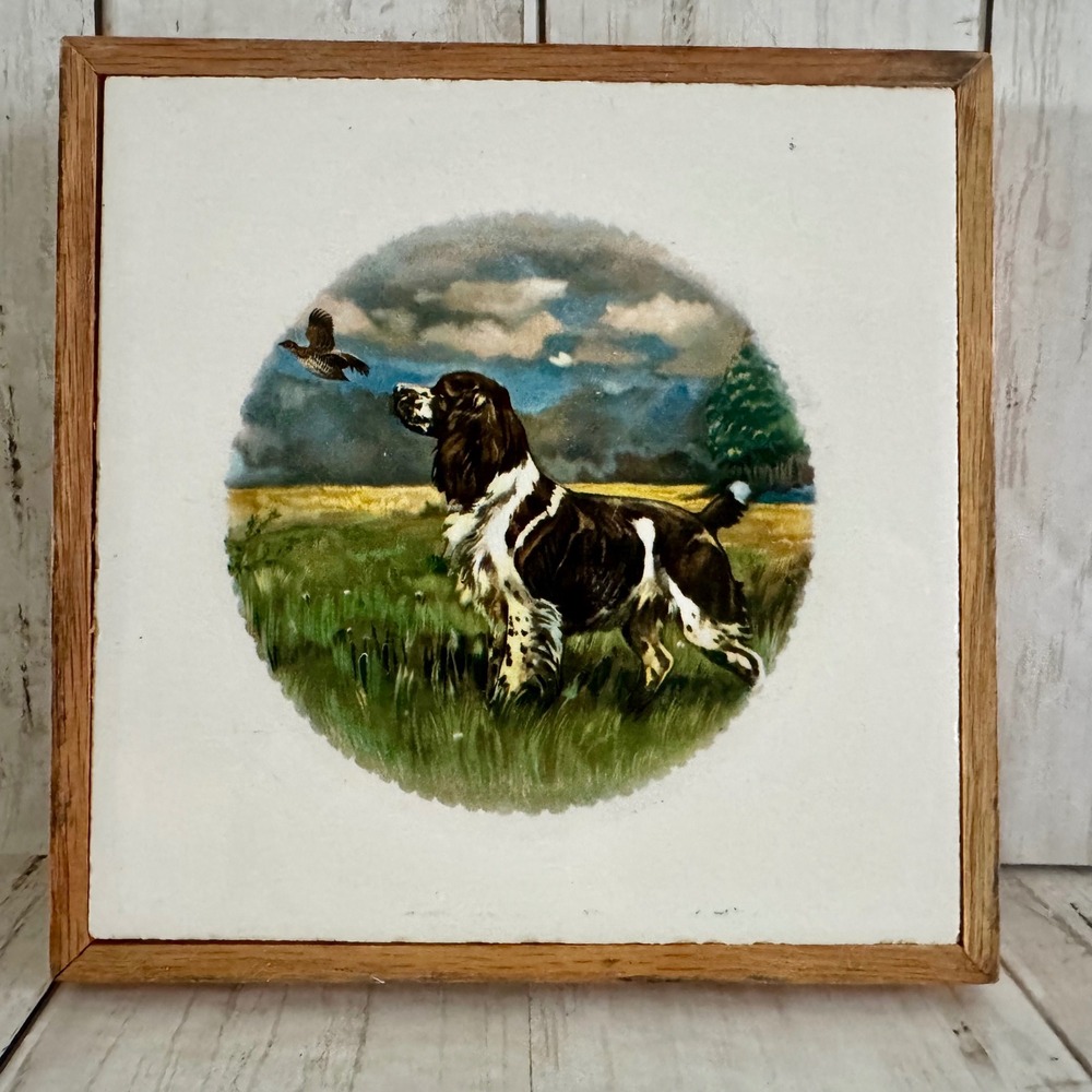 Vintage English Springer Spaniel Hunting Dog Framed Ceramic Tile Wall Art